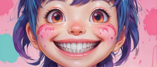 2d,ganmodoki,digiart,anime 3d,a girl's smile,creepy clown,ecstatic,tiktok icon,cosmetic,twitch icon,grin,distorted,scary clown,teeth,vector girl,acid,the girl's face,digital art,food coloring,rockabella,Illustration,Japanese style,Japanese Style 02
