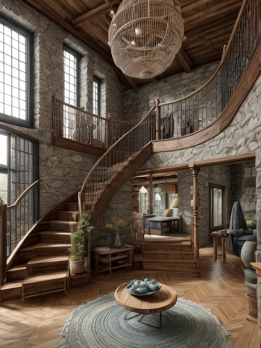 winding staircase,loft,spiral staircase,circular staircase,penthouse apartment,luxury home interior,spiral stairs,3d rendering,interior design,wooden stairs,staircase,wooden beams,wooden stair railing,interior modern design,outside staircase,home interior,hardwood floors,jewelry（architecture）,steel stairs,wooden floor,Interior Design,Living room,Farmhouse,Galician Style