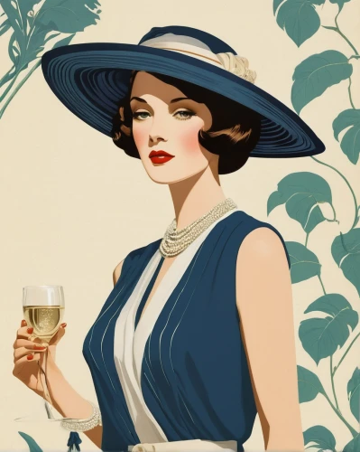 art deco woman,roaring twenties,vintage illustration,art deco,panama hat,twenties women,fashion illustration,champagne stemware,vesper,great gatsby,a glass of champagne,art deco background,vintage women,flapper,vintage fashion,1920's retro,stemware,roaring 20's,champagne flute,fashionista from the 20s,Illustration,Retro,Retro 15