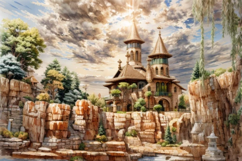 fairy tale castle,the disneyland resort,disneyland park,fantasy landscape,shanghai disney,fantasy world,landscape background,tokyo disneyland,fairytale castle,disney castle,elves flight,sleeping beauty castle,fairy village,cinderella's castle,church painting,mountain settlement,disney-land,fantasy picture,fairy world,watercolor background