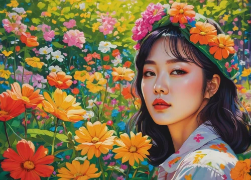 girl in flowers,beautiful girl with flowers,flower painting,flower background,flower art,oil painting on canvas,floral background,girl picking flowers,falling flowers,colorful floral,sea of flowers,japanese floral background,floral,choi kwang-do,oil on canvas,floral japanese,may flowers,bright flowers,blooming,field of flowers,Illustration,American Style,American Style 10