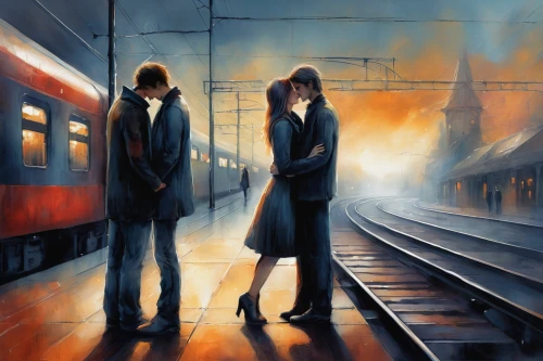 the girl at the station,oil painting on canvas,romantic scene,oil painting,red and blue heart on railway,art painting,man and woman,two people,last train,young couple,loving couple sunrise,glowing red heart on railway,love in the mist,courtship,london underground,evening atmosphere,romantic portrait,train station,oil on canvas,world digital painting,Conceptual Art,Daily,Daily 32