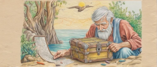 treasure chest,archimedes,apothecary,game illustration,biblical narrative characters,book illustration,version john the fisherman,card box,apiary,old testament,beekeeper,magic book,weaver card,noah's ark,pythagoras,peddler,tea box,beekeeping,fish-surgeon,crate of fruit,Conceptual Art,Daily,Daily 17
