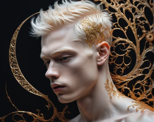 gold filigree,albino,golden haired,male elf,gold lacquer,faun,golden mask,male model,feathered hair,fantasy portrait,gilding,gold foil art,gold mask,golden wreath,gold foil,gold leaf,golden crown,blond,gold paint strokes,gold foil crown,Photography,Artistic Photography,Artistic Photography 11