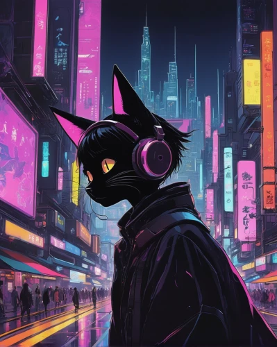 cyberpunk,street cat,mute,alley cat,listening to music,stray,black cat,music background,cityscape,dusk,stray cat,echo,80s,mow,jackal,cat vector,aesthetic,city lights,tokyo city,urban,Illustration,Paper based,Paper Based 21