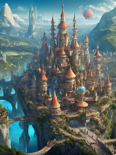 fantasy city,fantasy world,shanghai disney,fantasy landscape,aurora village,fairy world,the disneyland resort,ancient city,atlantis,fairy tale castle,citadel,knight village,3d fantasy,dream world,fantasy picture,fairy village,city cities,disneyland park,new castle,disney castle,Illustration,Realistic Fantasy,Realistic Fantasy 02