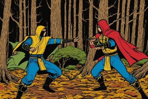 forest workers,cartoon forest,three primary colors,swordsmen,woodsman,the woods,trumpet creepers,hanging elves,coppiced,cleanup,woodcut,sword fighting,red riding hood,duel,patrols,comic characters,guards of the canyon,x-men,elves,the forest fell,Illustration,Vector,Vector 15