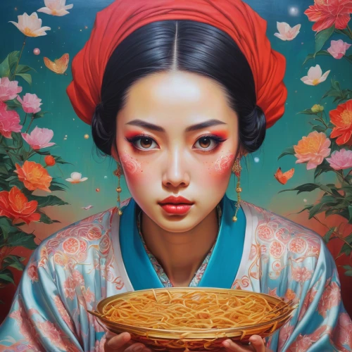 geisha girl,geisha,oriental girl,woman holding pie,chinese art,asian woman,oriental,oriental princess,japanese woman,oriental painting,japanese art,asian culture,asian vision,korean chinese cuisine,korean,asian cuisine,korean culture,korean cuisine,girl with cereal bowl,vietnamese woman,Conceptual Art,Daily,Daily 15