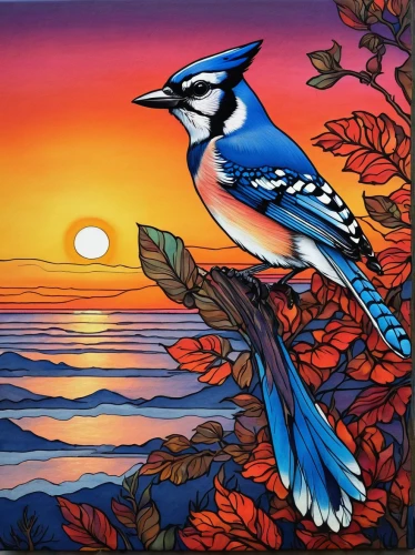 blue jay,bluejay,bird painting,blue jays,glass painting,eurasian jay,fairywren,blue bird,coastal bird,blue birds and blossom,bluebird,carolina chickadee,chickadee,nature bird,magpie,bird illustration,colorful birds,superb fairywren,songbirds,carol colman,Illustration,Retro,Retro 11