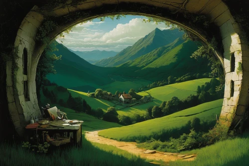 hobbiton,hobbit,studio ghibli,jrr tolkien,home landscape,window to the world,fantasy landscape,porthole,fantasy picture,the threshold of the house,idyll,alpine pastures,fairy door,the valley of the,mountain scene,landscape background,landscapes,world digital painting,link,open door,Illustration,Realistic Fantasy,Realistic Fantasy 29