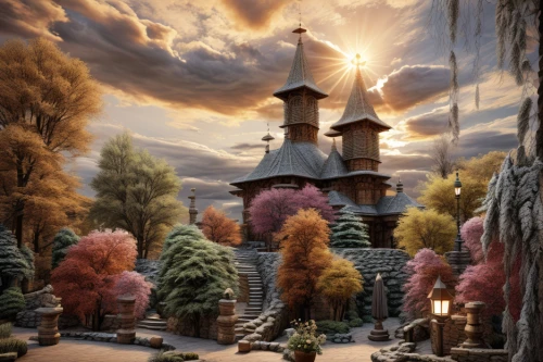 fairy tale castle,fantasy landscape,fairy chimney,3d fantasy,fantasy picture,fairy village,fairytale castle,fantasy world,mountain settlement,basil's cathedral,nativity village,disneyland park,fairy world,children's fairy tale,fairy house,fantasy city,frederic church,aurora village,chimneys,wooden church