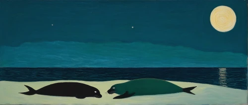 sea night,night scene,olle gill,sea mammals,turtles,marine mammal,sea cows,blue sea,shoal,marine mammals,fisher,nocturnes,moonlit night,whales,moon night,blue planet,night watch,two dolphins,flatfish,kemp's ridley sea turtle,Art,Artistic Painting,Artistic Painting 09