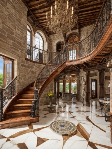 luxury home interior,winding staircase,hardwood floors,mansion,ceramic floor tile,circular staircase,wooden floor,luxury property,luxury home,wood floor,loft,spanish tile,interior design,tile flooring,stone floor,luxury real estate,wood flooring,penthouse apartment,wine cellar,outside staircase,Interior Design,Living room,Mediterranean,Spanish Colonial Charm