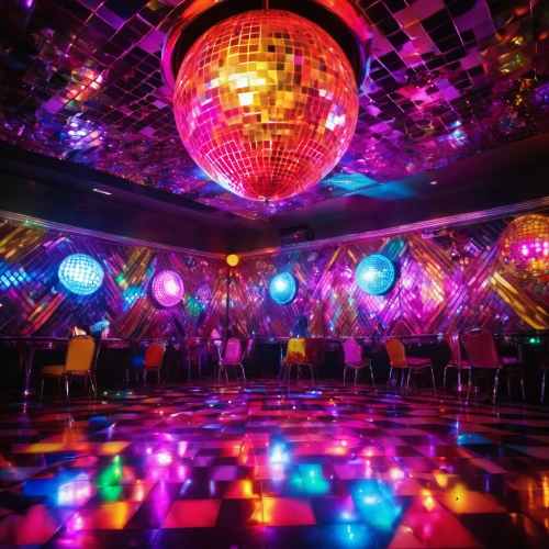 disco,disco ball,mirror ball,nightclub,prism ball,party lights,ballroom,colored lights,ufo interior,epcot ball,musical dome,party decoration,glass balls,party decorations,neon cocktails,dance club,discobole,colorful balloons,clubbing,rainbow color balloons,Illustration,Realistic Fantasy,Realistic Fantasy 38