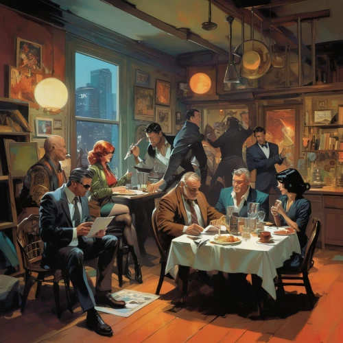 clue and white,diner,the coffee shop,drinking establishment,mafia,dinner party,businessmen,dining,family dinner,coffeehouse,gentleman icons,rosa cantina,breakfast table,men sitting,gas lamp,soda shop,social group,last supper,new york restaurant,soda fountain,Conceptual Art,Oil color,Oil Color 04