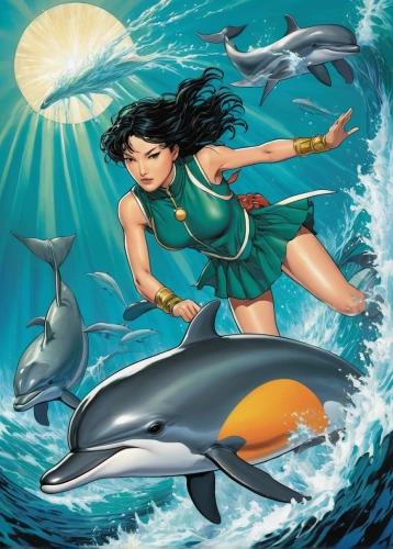 dolphin rider,girl with a dolphin,aquaman,the zodiac sign pisces,believe in mermaids,dolphin background,god of the sea,dolphinarium,delfin,merfolk,mermaid background,moana,dolphins,sea hawk,the sea maid,dolphin swimming,dolphin-afalina,water-the sword lily,oceanic dolphins,marine reptile,Illustration,American Style,American Style 08