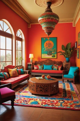 moroccan pattern,sitting room,ottoman,interior decor,family room,living room,contemporary decor,great room,stucco ceiling,home interior,interior decoration,livingroom,the living room of a photographer,ornate room,chaise lounge,riad,spanish tile,vibrant color,terracotta tiles,decor,Illustration,Retro,Retro 10