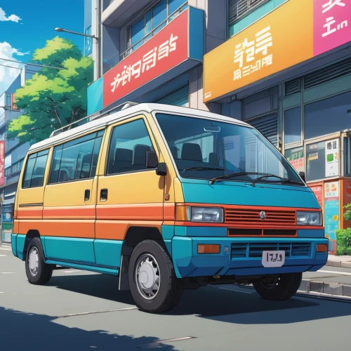 toyota hiace,toyota liteace,vanagon,toyota masterace,nissan caravan,chevrolet astro,schoolbus,school bus,bus,kei truck,van,city bus,tsumugi kotobuki k-on,convenience store,isuzu,travel van,suzuki wagon r,mitsubishi delica,shuttle bus,compact van,Illustration,Japanese style,Japanese Style 03