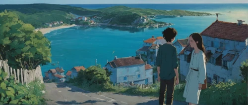 studio ghibli,robin hood's bay,idyll,promenade,summer day,amano,summer evening,hiyayakko,lupin,by the sea,seaside resort,seaside country,breizh,france,blue sea,gobelin,overlook,romantic scene,shirakami-sanchi,island of rab,Illustration,Realistic Fantasy,Realistic Fantasy 12