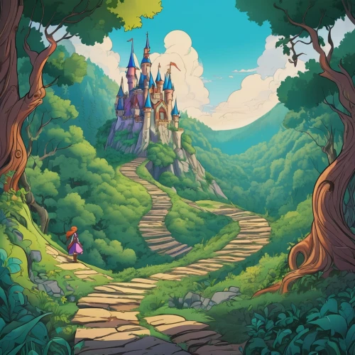 fairy world,fairy tale castle,magical adventure,fairy village,fairy chimney,fantasy world,disney castle,fairytale castle,cartoon forest,rapunzel,mountain world,wonderland,fairy forest,a fairy tale,fairy tale,disney-land,fairytale forest,wander,disney land,hiking path,Illustration,Japanese style,Japanese Style 07