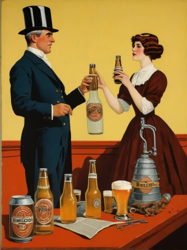 the production of the beer,beer sets,prohibition,newcastle brown ale,craft beer,beer match,brewery,tetleys,boilermaker,two types of beer,mead,beer banks,refreshments,advertising campaigns,vintage man and woman,grant wood,beer bottles,beer,barmaid,distilled beverage,Illustration,Retro,Retro 15