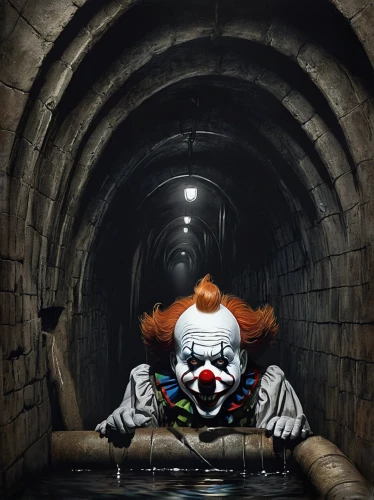 horror clown,creepy clown,scary clown,it,storm drain,clown,underground,ny sewer,syndrome,crawl,crawling,drain,pumuckl,beaker,pierrot,clowns,underground lake,ronald,cosplay image,photo manipulation,Illustration,Black and White,Black and White 07