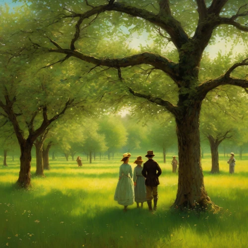 walnut trees,orchard,idyll,orchards,orchard meadow,green meadow,lev lagorio,happy children playing in the forest,tree grove,apple orchard,meadows,cherry trees,meadow landscape,meadow play,chestnut trees,meadow in pastel,linden blossom,springtime background,sound of music,green landscape,Art,Classical Oil Painting,Classical Oil Painting 44
