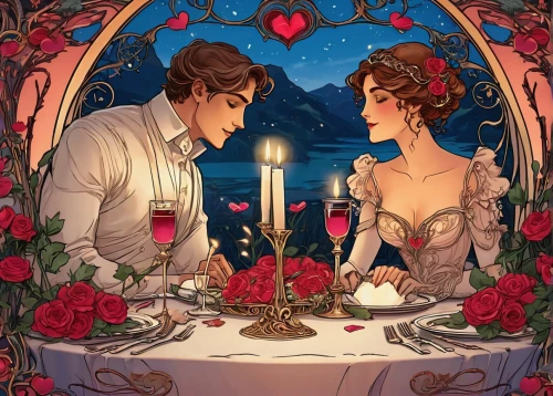 romantic dinner,romantic portrait,romantic rose,romantic scene,romantic night,dinner for two,wedding couple,french valentine,a fairy tale,honeymoon,young couple,valentines day background,scent of roses,fairy tale,cg artwork,romantic meeting,cinderella,wedding banquet,romantic,valentine's,Illustration,Retro,Retro 13