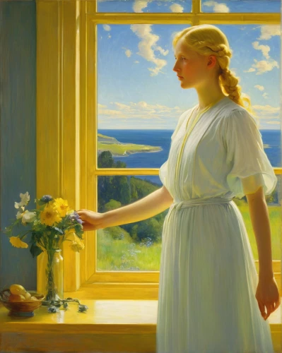 idyll,spring morning,the evening light,angel moroni,lev lagorio,summer evening,barbara millicent roberts,windowsill,jessamine,golden light,open window,the window,girl with bread-and-butter,morning light,emile vernon,young woman,the girl in nightie,praying woman,marguerite,sound of music,Art,Classical Oil Painting,Classical Oil Painting 20