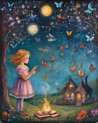 children's fairy tale,fairy lanterns,little girl fairy,fairy world,child fairy,fairy galaxy,fairies aloft,dream world,angel lanterns,fairy tale,fireflies,wishes,dreams catcher,children's background,fairy house,little girl with balloons,a fairy tale,faerie,fantasy picture,moths and butterflies,Illustration,Abstract Fantasy,Abstract Fantasy 10