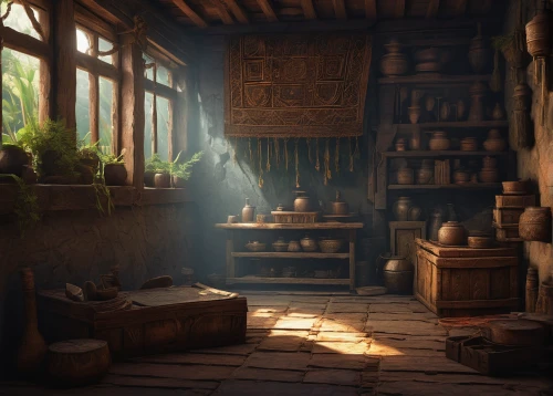 apothecary,merchant,shopkeeper,ancient house,candlemaker,tinsmith,potions,antiquariat,hearth,tavern,the kitchen,village shop,rustic,pantry,dwarf cookin,watercolor tea shop,witch's house,cooking pot,kitchen,collected game assets,Illustration,Abstract Fantasy,Abstract Fantasy 07