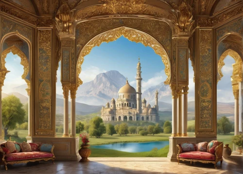 fantasy landscape,fairy tale castle,fantasy picture,fairytale castle,castle of the corvin,fantasy art,heroic fantasy,gold castle,fantasy world,3d fantasy,ornate room,water castle,castles,dragon palace hotel,castel,a fairy tale,fairy tale,hall of the fallen,persian architecture,world digital painting,Art,Classical Oil Painting,Classical Oil Painting 01