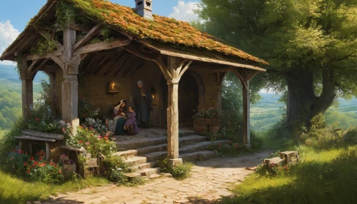 hobbiton,home landscape,idyll,fantasy landscape,mountain settlement,fantasy picture,summer cottage,ancient house,druid grove,the threshold of the house,fairy village,little house,small house,fairy house,wishing well,wooden hut,idyllic,farm hut,tavern,rural landscape,Conceptual Art,Oil color,Oil Color 06