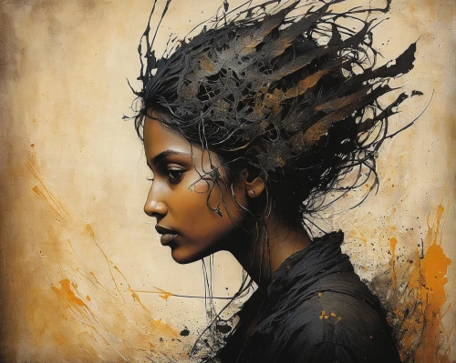 mystical portrait of a girl,african art,han thom,gold leaf,cloves schwindl inge,splintered,dryad,oil painting on canvas,black landscape,headdress,selanee henderon,james handley,stave,girl in a wreath,art painting,fineart,woman thinking,uprooted,decay,golden crown,Illustration,Abstract Fantasy,Abstract Fantasy 18