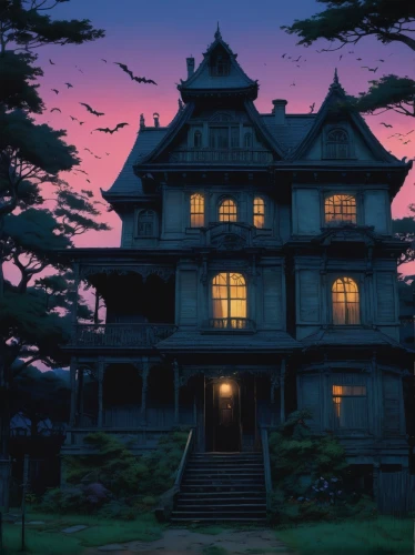 studio ghibli,house silhouette,witch's house,witch house,lonely house,the haunted house,haunted house,wooden house,house in the forest,little house,house painting,victorian house,ghost castle,house,doll's house,creepy house,ancient house,violet evergarden,victorian,the house,Illustration,Japanese style,Japanese Style 14