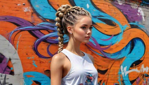 updo,pony tail,pony tails,bun mixed,mohawk hairstyle,braids,cornrows,shoreditch,ponytail,mohawk,braided,street fashion,havana brown,artificial hair integrations,braid,girl in t-shirt,hairstyle,twists,graffiti,brick wall background,Conceptual Art,Graffiti Art,Graffiti Art 09