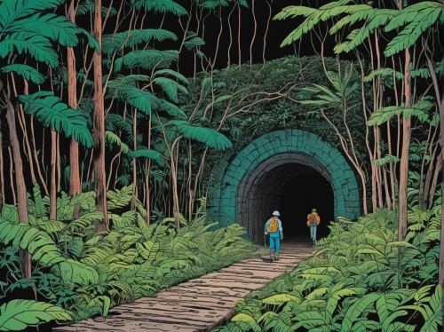 tunnel,tunnel of plants,hollow way,trail,passage,pathway,forest path,ravine,torii tunnel,the mystical path,forest road,blue cave,plant tunnel,the path,sci fiction illustration,hiking path,wall tunnel,jungle,studio ghibli,travelers,Illustration,American Style,American Style 15