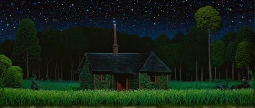 night scene,house in the forest,home landscape,lonely house,witch's house,tobacco the last starry sky,salt meadow landscape,little house,witch house,shirakami-sanchi,straw hut,cottage,starry sky,fireflies,rural landscape,wooden hut,cattails,forest landscape,summer cottage,log cabin,Art,Artistic Painting,Artistic Painting 30