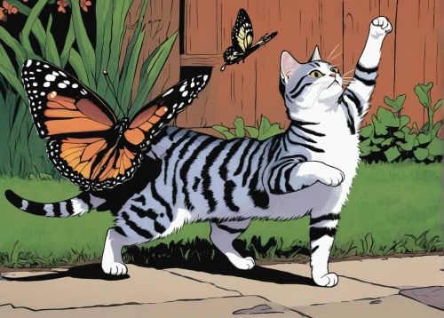 giant swallowtail,chasing butterflies,bengal clockvine,lepidopterist,zebra swallowtail,western tiger swallowtail,butterfly milkweed,bengal,a tiger,butterfly clip art,anthropomorphized animals,tigerle,tiger cat,bengal tiger,swallowtail,felidae,whimsical animals,animals play dress-up,cat cartoon,butterfly day,Illustration,Vector,Vector 03