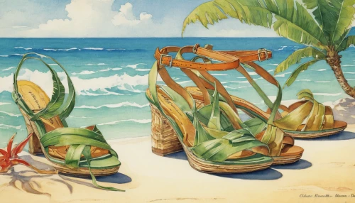 palm fronds,beach shoes,tropical birds,beach chairs,beach landscape,coconuts on the beach,beach furniture,tropical animals,palm lilies,summer still-life,coconut trees,tree frogs,beach scenery,flotsam and jetsam,deckchairs,palm leaves,vintage illustration,beach grass,tropical beach,tropical sea,Illustration,Retro,Retro 19