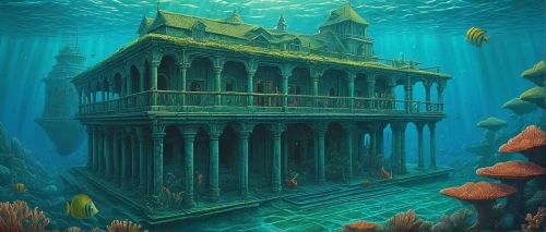 sunken church,house of the sea,underwater playground,underwater landscape,ocean underwater,water castle,underwater background,cube sea,undersea,underwater oasis,aquarium,ocean floor,under sea,the bottom of the sea,under the water,under the sea,bottom of the sea,ghost castle,aqua studio,sunken ship,Conceptual Art,Daily,Daily 25