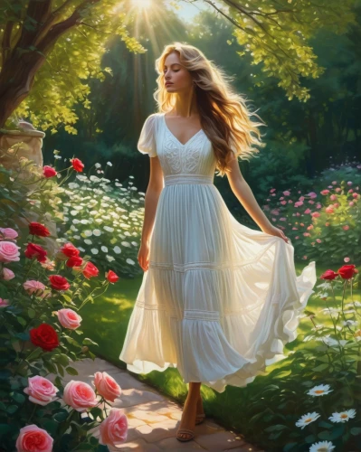 girl in the garden,fantasy picture,splendor of flowers,girl in flowers,way of the roses,romantic portrait,celtic woman,world digital painting,girl in a long dress,scent of roses,springtime background,gracefulness,enchanting,mystical portrait of a girl,spring morning,rosa 'the fairy,spring background,sun bride,garden of eden,idyll,Photography,Documentary Photography,Documentary Photography 06