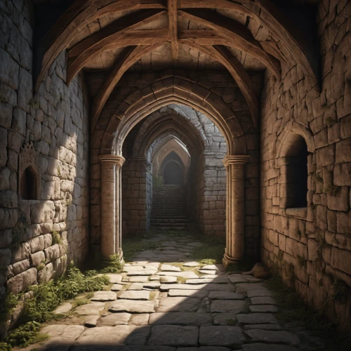 hall of the fallen,medieval architecture,archway,threshold,arches,pointed arch,the mystical path,portcullis,the threshold of the house,3d render,medieval street,mausoleum ruins,vaulted cellar,render,crypt,ruin,3d rendered,hallway,doorway,ancient buildings,Photography,General,Natural