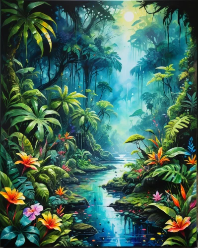 tropical jungle,tropical bloom,rainforest,tropical island,rain forest,tropical floral background,tropics,garden of eden,tropical house,tropical sea,forest landscape,sub-tropical,landscape background,tropical animals,tropical tree,tropical and subtropical coniferous forests,exotic plants,forest background,tropical flowers,an island far away landscape,Illustration,Paper based,Paper Based 03