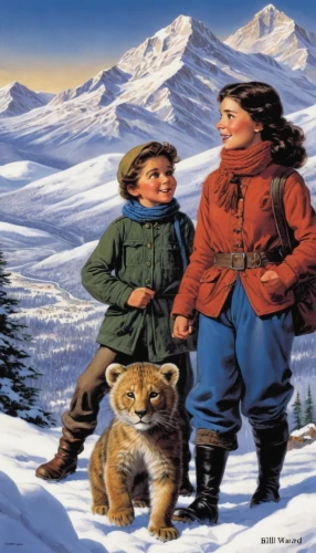 girl and boy outdoor,winter animals,snow scene,winter sports,girl scouts of the usa,fur clothing,arrowroot family,marmot,a collection of short stories for children,hoary marmot,skiers,winter clothing,winter sport,american frontier,alpine marmot,polar fleece,ortler winter,snowshoe,little boy and girl,outdoor recreation,Illustration,Retro,Retro 06