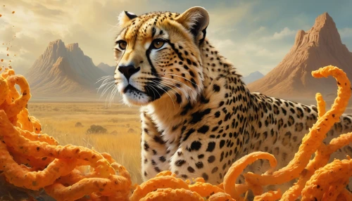 cheetah,leopard's bane,cheetahs,world digital painting,jaguar,leopard,serengeti,african leopard,felidae,hosana,frosted flakes,fantasy art,desert background,digital painting,altiplano,leopard head,digital compositing,fantasy picture,wild cat,big cat,Illustration,Realistic Fantasy,Realistic Fantasy 16