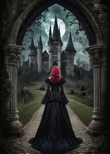 gothic woman,haunted castle,gothic style,gothic portrait,gothic architecture,gothic,gothic fashion,fairy tale,ghost castle,fairy tale castle,fantasy picture,gothic dress,a fairy tale,dark gothic mood,witch's house,witch house,castle of the corvin,fairy tales,red riding hood,haunted cathedral,Illustration,Realistic Fantasy,Realistic Fantasy 02