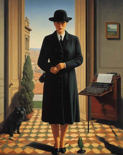 woman in menswear,woman with ice-cream,woman holding a smartphone,black hat,woman sitting,woman drinking coffee,the hat-female,the hat of the woman,1940 women,woman playing,civil servant,policewoman,grant wood,woman thinking,woman holding gun,inspector,black coat,woman holding pie,art deco woman,telephone operator,Art,Artistic Painting,Artistic Painting 06