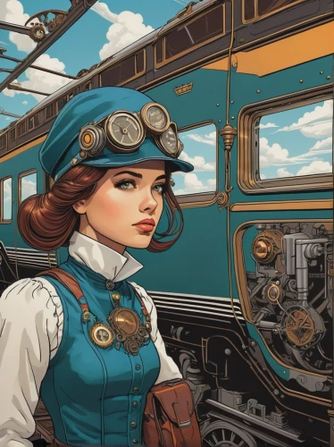the girl at the station,steampunk,train,train ride,sci fiction illustration,train of thought,trains,vintage girl,retro woman,vintage illustration,last train,retro girl,the train,vintage boy and girl,travel woman,railroad engineer,game illustration,early train,vintage woman,retro women,Illustration,American Style,American Style 15