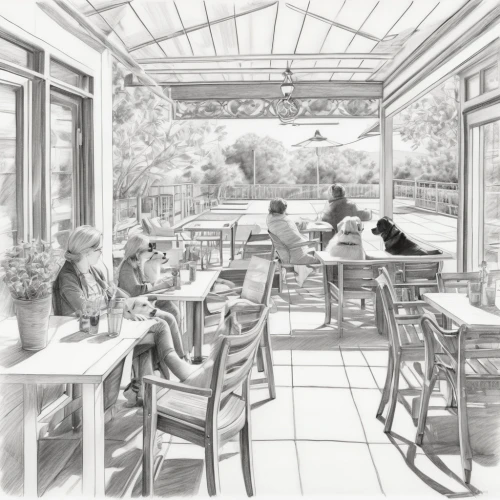 tearoom,cat's cafe,watercolor cafe,breakfast room,the coffee shop,dog cafe,cafe,coffee tea illustration,paris cafe,orangery,café,conservatory,coffee shop,watercolor tea shop,woman at cafe,afternoon tea,terrace,outdoor dining,coffee tea drawing,pencil drawings,Illustration,Black and White,Black and White 30